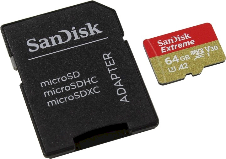 Atminties kortelė „SanDisk Extreme Micro SDXC 64GB“ + SD adapteris + „Rescue Pro Deluxe“ 160 MB/s A2 C10 V30 UHS-I U3; EAN: 619659169770