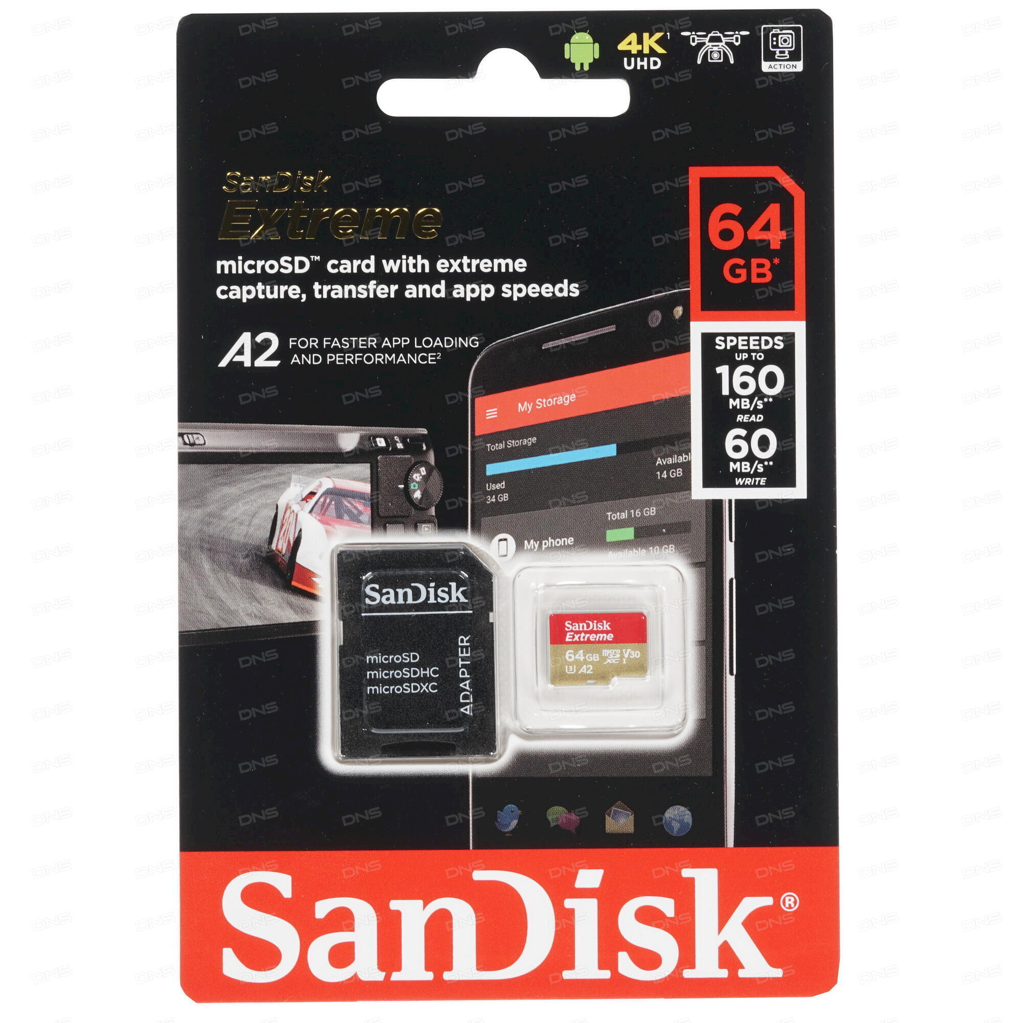 Atminties kortelė „SanDisk Extreme Micro SDXC 64GB“ + SD adapteris + „Rescue Pro Deluxe“ 160 MB/s A2 C10 V30 UHS-I U3; EAN: 619659169770