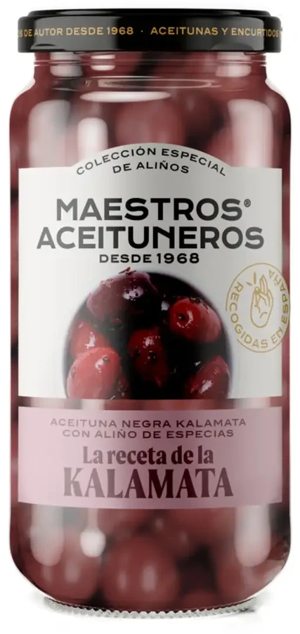 Raudonosios Kalamata alyvuogės su kauliukais, MAESTROS ACEITUNEROS, 345/190 g