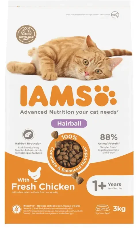 IAMS Hairball Control sausas maistas katėms su vištiena, 3kg