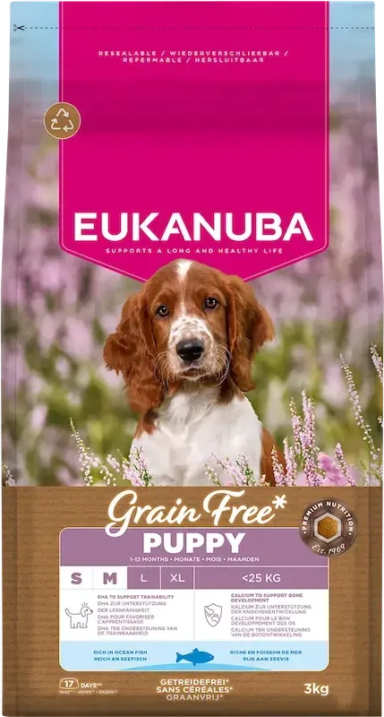 Šunų maistas - EUKANUBA Be grūdų šuniukams mažiems/vidutiniams jūrų žuvies 3kg
