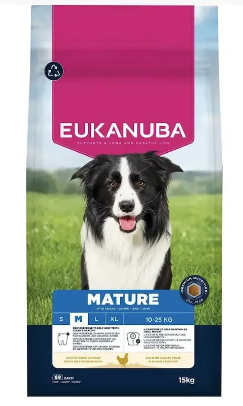 „Eukanuba Mature Medium“ – gausiai šviežiai racione esantis pašaras 15 kg