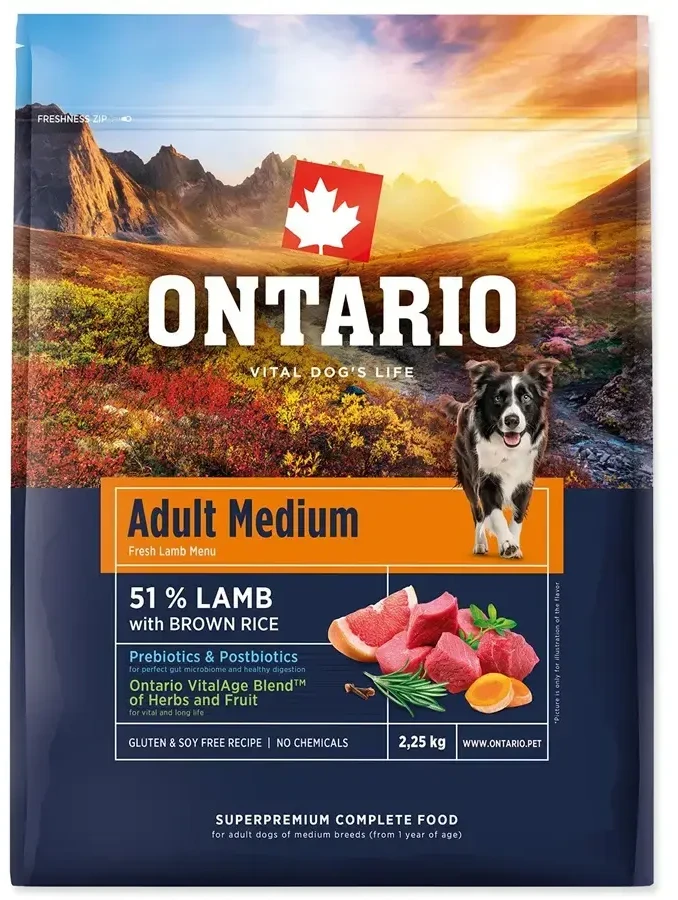 Ontario Adult Medium ėriena & Brown ryžiai 2,25kg