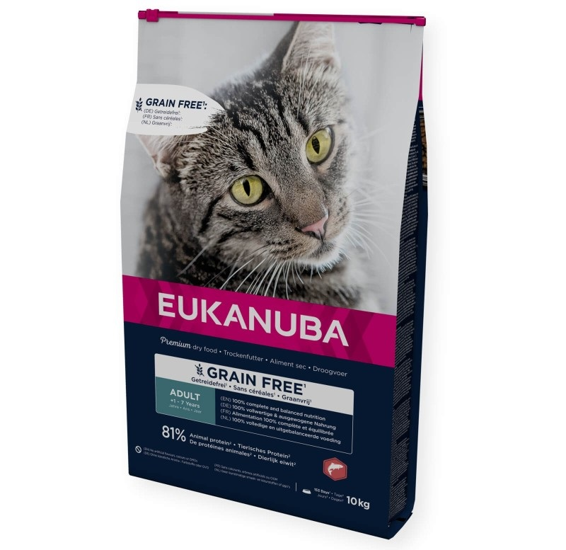 Eukanuba begrūdis sausas maistas katėms su lašiša, 10 kg