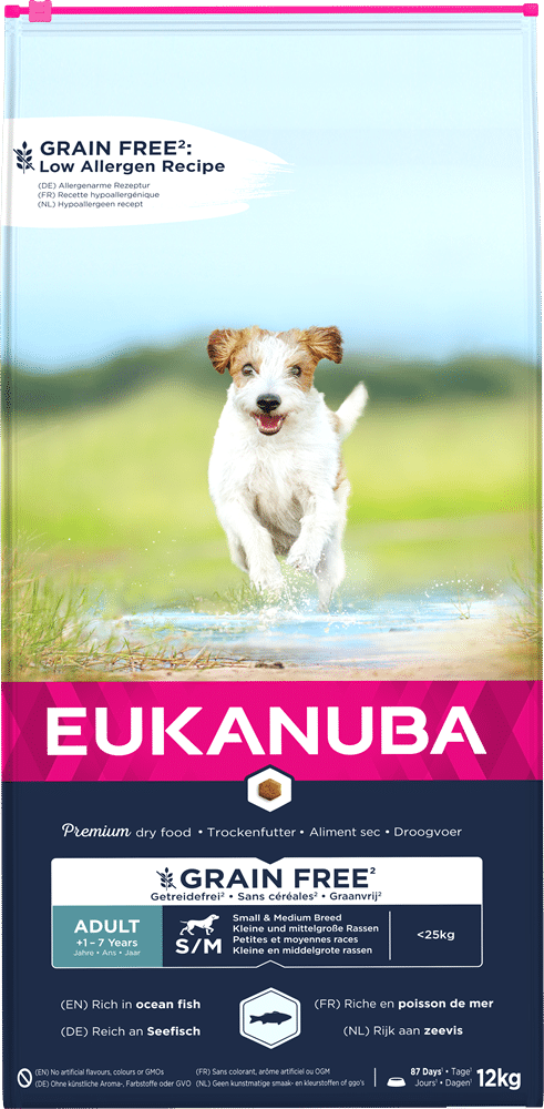 Eukanuba GF sausas pašaras mažų ir vidutinių veislių šunims su žuvimi, S/M, 12 kg