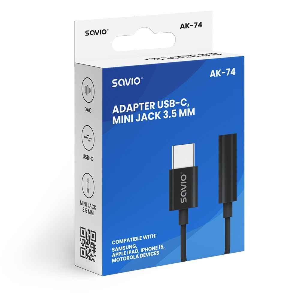 Adapteris USB Savio AK-74 USB-C - Jack 3.5mm Juodas (SAVAK-74)
