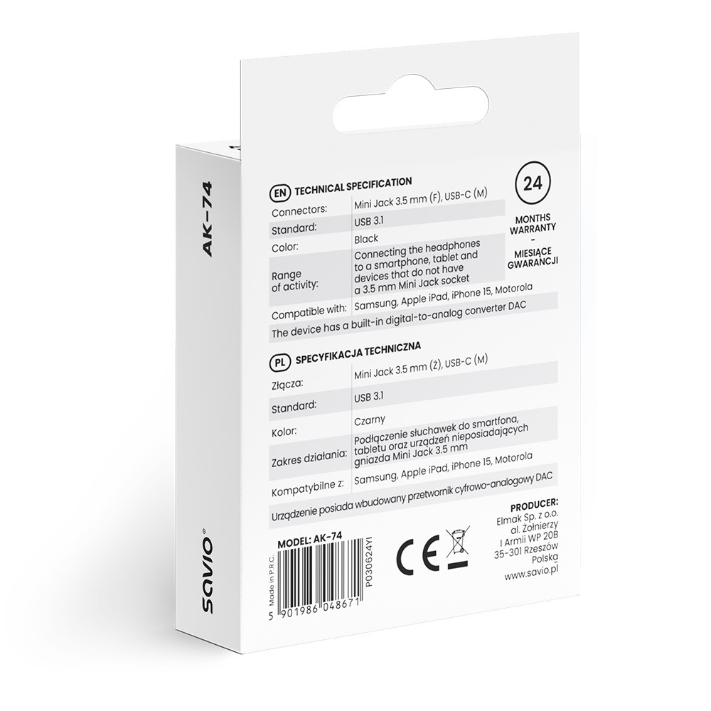 Adapteris USB Savio AK-74 USB-C - Jack 3.5mm Juodas (SAVAK-74)