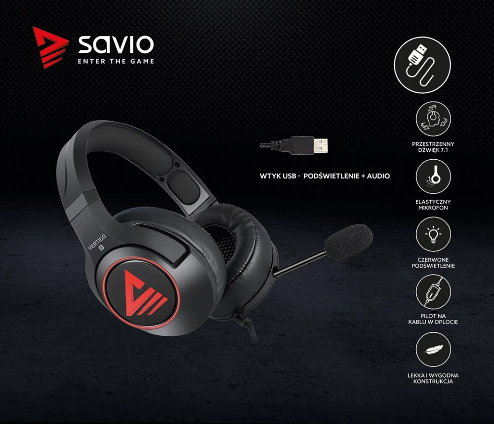 Žaidimų ausinės 7.1 virtual surround Savio VERTIGO su USB jungtimi