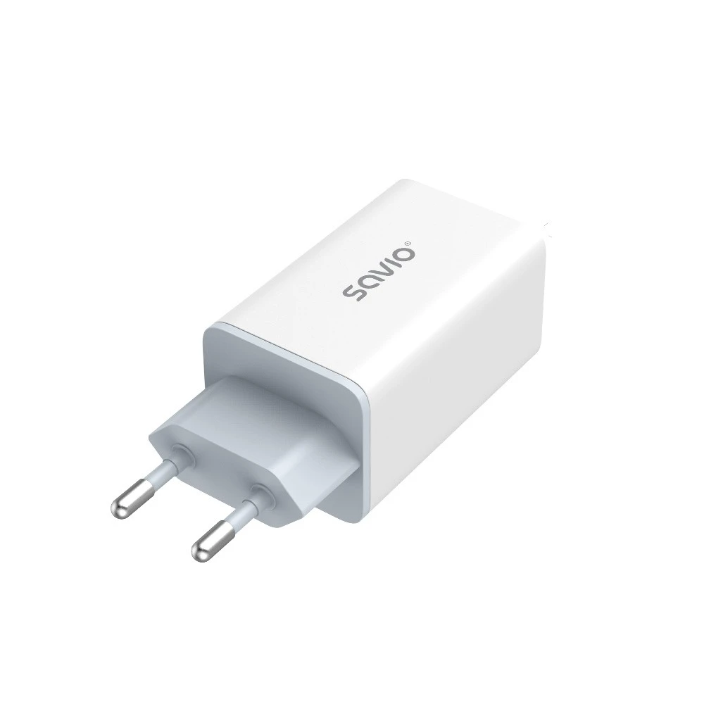 Savio Įkroviklis jungiama į tinklą 65W GaN LA-07 su kablem typu C-USB typ C 100W 1m, balta ir-juoda