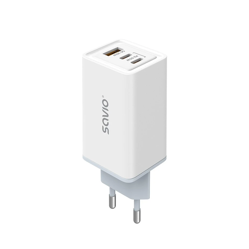 Savio Įkroviklis jungiama į tinklą 65W GaN LA-07 su kablem typu C-USB typ C 100W 1m, balta ir-juoda