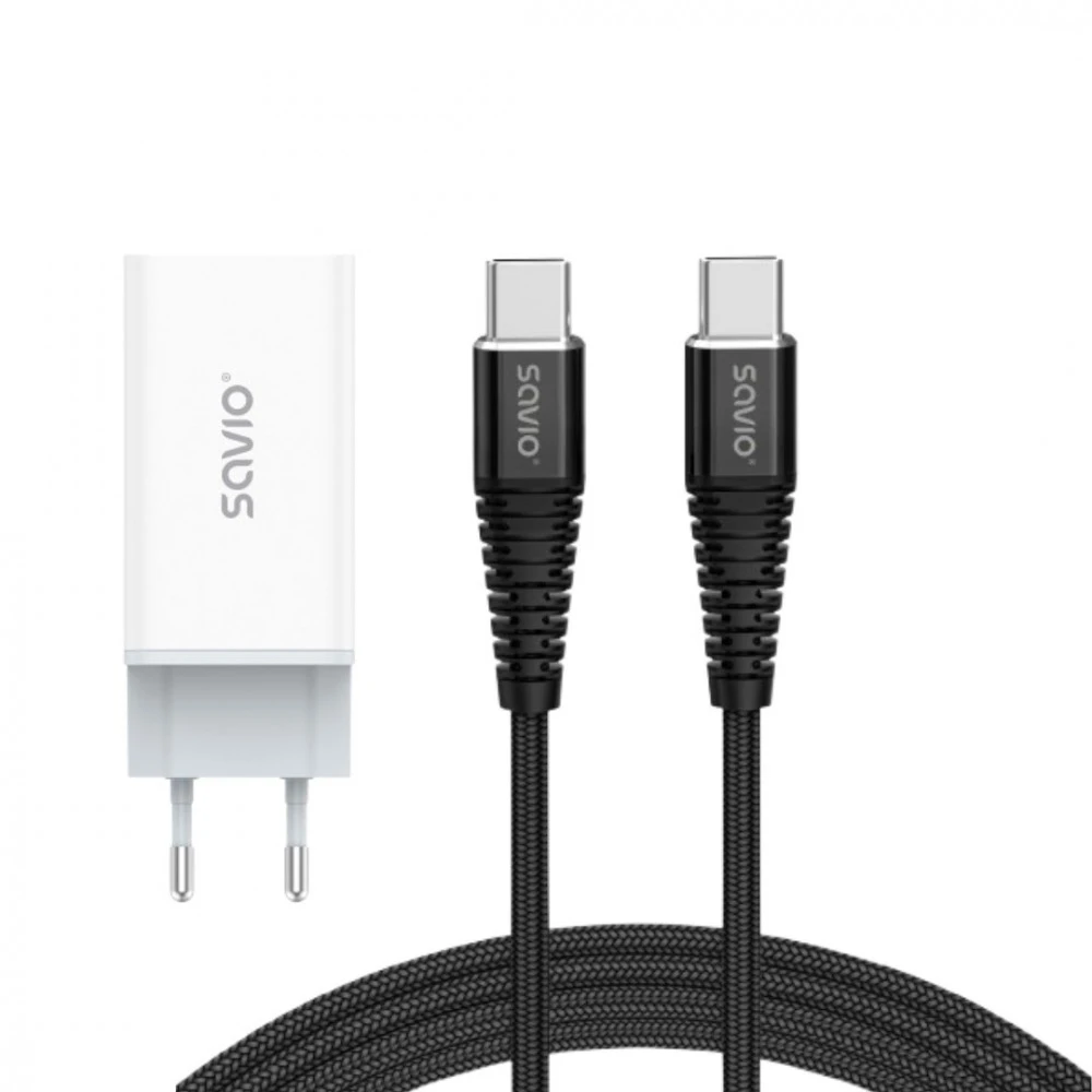 Savio Įkroviklis jungiama į tinklą 65W GaN LA-07 su kablem typu C-USB typ C 100W 1m, balta ir-juoda