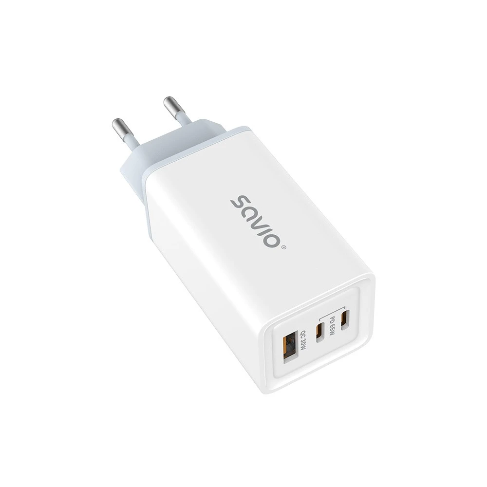Savio Įkroviklis jungiama į tinklą 65W GaN LA-07 su kablem typu C-USB typ C 100W 1m, balta ir-juoda
