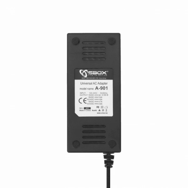 SBOX A-901 nešiojamojo kompiuterio adapteris su technine etikete