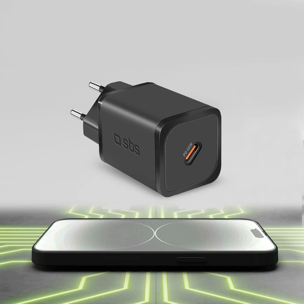 SBS TETRGAN1C45W 45W GaN USB-C laidinis įkroviklis su Power Delivery – juodos spalvos