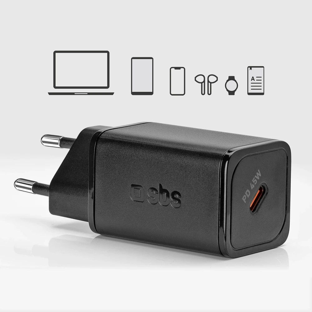 SBS TETRGAN1C45W 45W GaN USB-C laidinis įkroviklis su Power Delivery – juodos spalvos