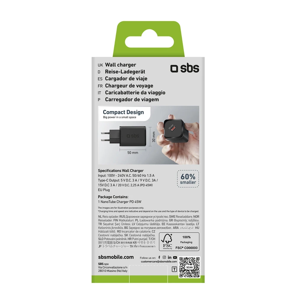 SBS TETRGAN1C45W 45W GaN USB-C laidinis įkroviklis su Power Delivery – juodos spalvos