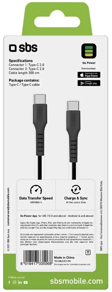 SBS Duomenų ir įkrovimo laidas duomenų perdavimui ir įkrovimui | USB-C | 3 m