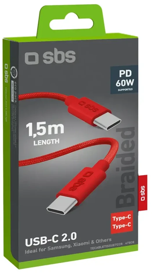 SBS duomenų perdavimo ir įkrovimo kabelis | USB-C į USB-C | 1,5 m | raudonas