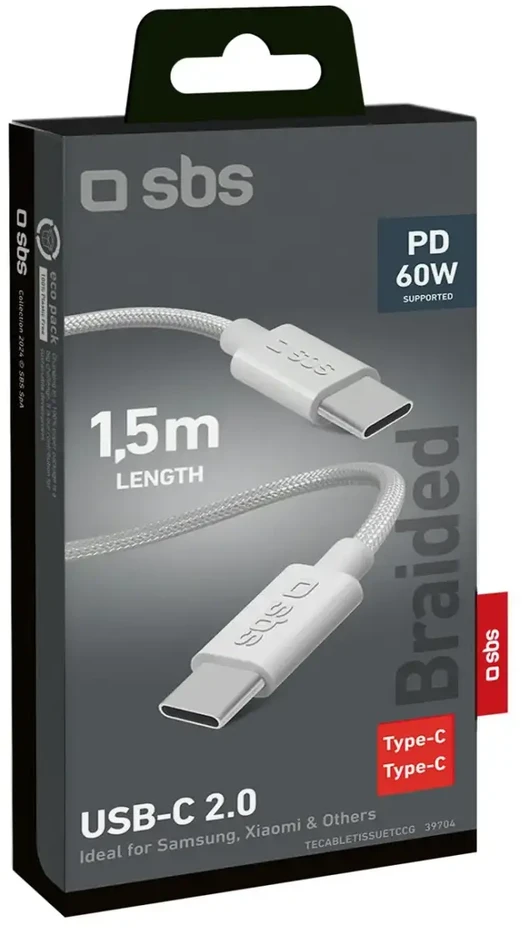 SBS duomenų perdavimo ir įkrovimo kabelis | USB-C į USB-C | 60 W | 1,5 m | pilkas