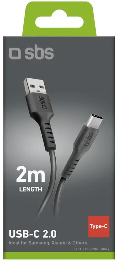 SBS duomenų perdavimo ir įkrovimo kabelis | USB-C | 2 m | juodas
