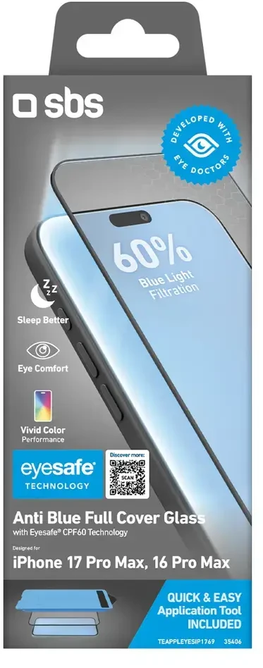 SBS Eyesafe grūdintas stiklas iPhone 17 Pro Max/16 Pro Max su aplikatoriumi