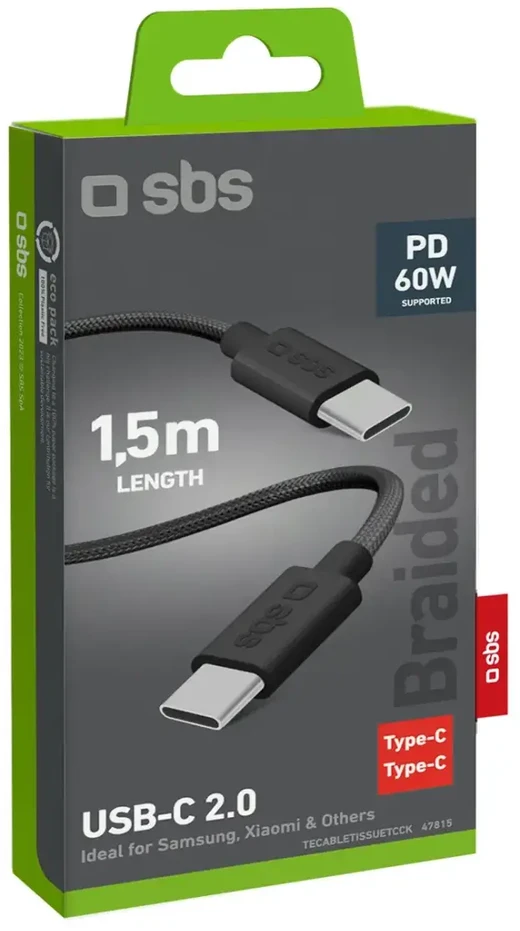 SBS Audinio duomenų perdavimo ir įkrovimo kabelis | USB-C į USB-C | 60 W | 1,5 m | juodas