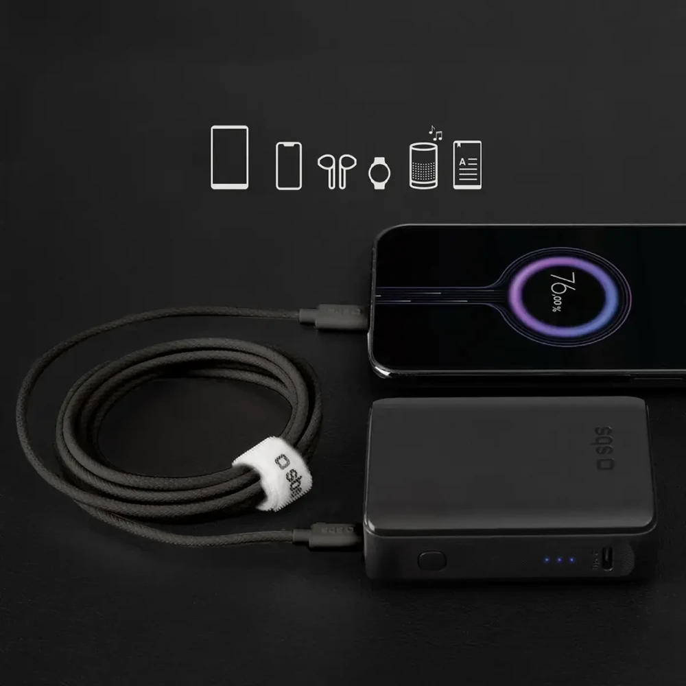 SBS Audinio duomenų perdavimo ir įkrovimo kabelis | USB-C į USB-C | 60 W | 1,5 m | juodas