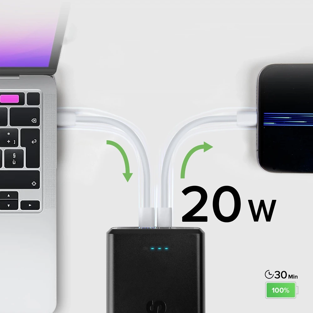 Fast charge power bank: 20,000 mAh, 2 USBs juodos spalvos