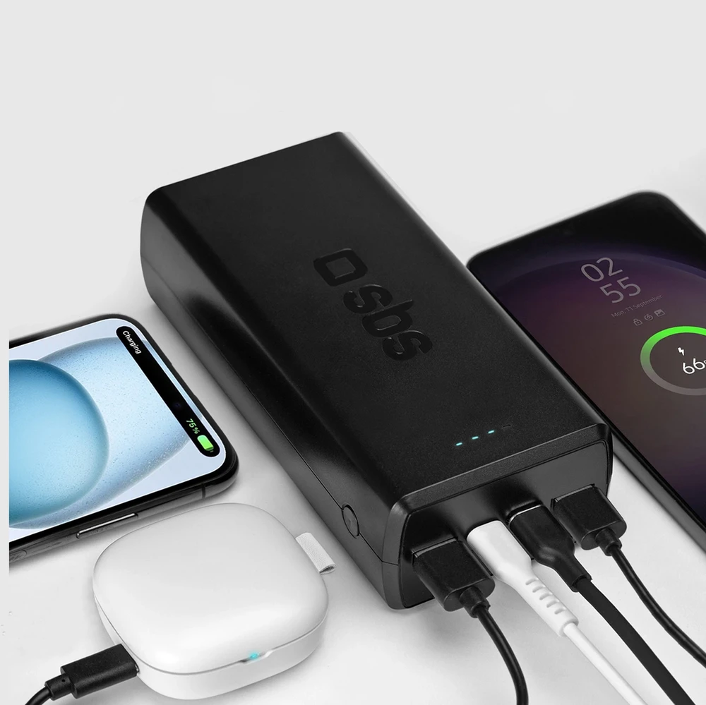 Fast charge power bank: 20,000 mAh, 2 USBs juodos spalvos