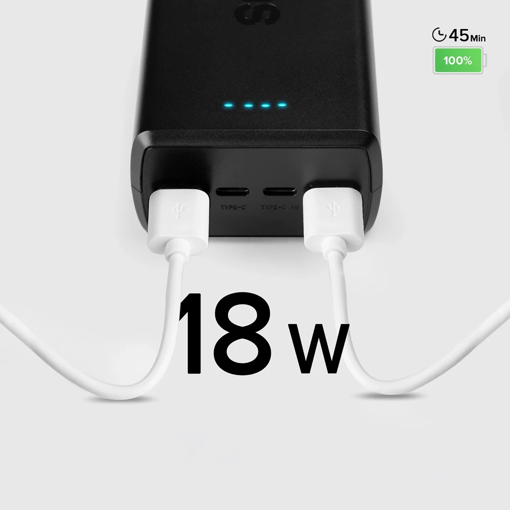 Fast charge power bank: 20,000 mAh, 2 USBs juodos spalvos