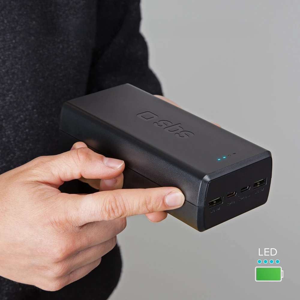 Fast charge power bank: 20,000 mAh, 2 USBs juodos spalvos