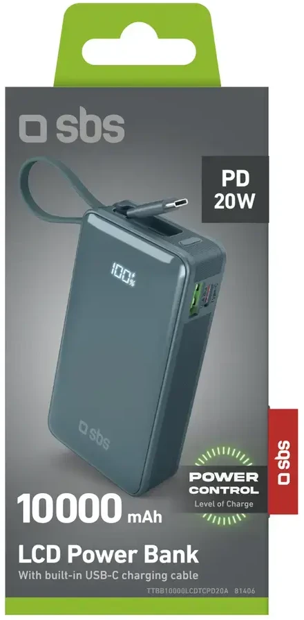 Išorinė baterija SBS 10000 mAh 20W su integruotu USB-C laidu ir skaitmeniniu ekranu - pilka