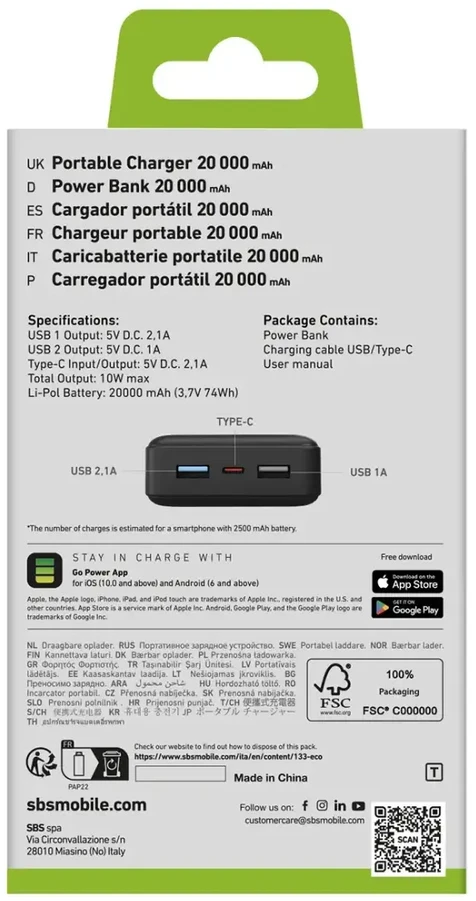 Power Bank 20.000 mAh Greitas įkrovimas, 2 USB By SBS Juodas