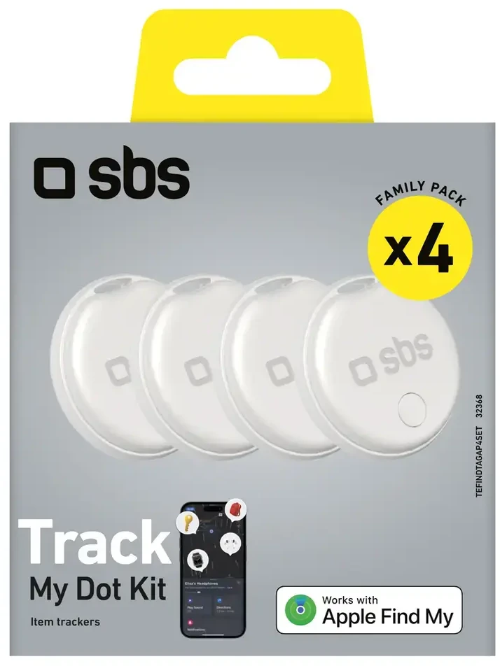 SBS „Track My Circle“ vietos nustatymo įrenginys, suderinamas su „Apple Find My“, 4 baltų rinkinys