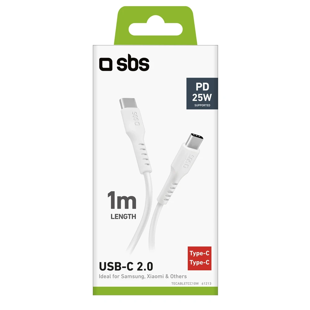 SBS TECABLETCC10W USB-C kabelis – USB-C Power Delivery 25W 1 m – baltos spalvos