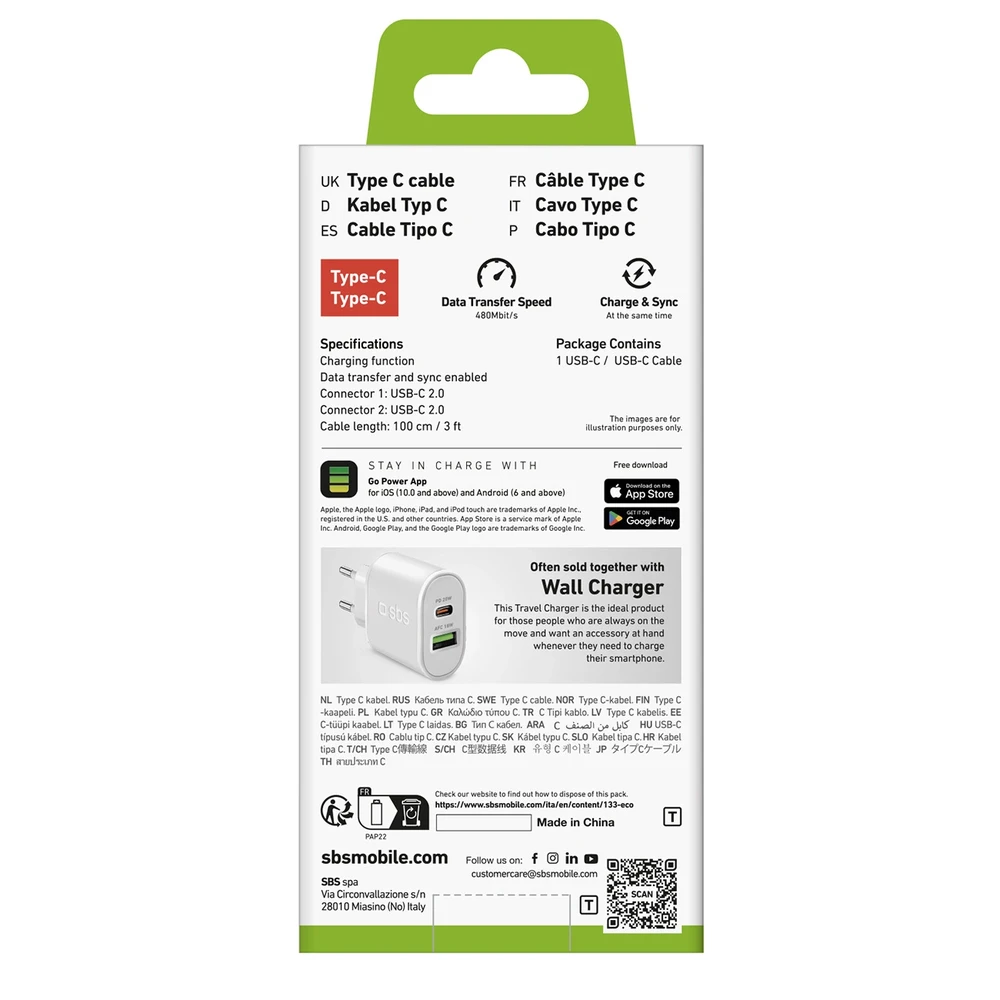 SBS TECABLETCC10W USB-C kabelis – USB-C Power Delivery 25W 1 m – baltos spalvos