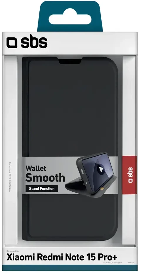 SBS Wallet Smooth dėklas skirtas Xiaomi Redmi Note 15 Pro+ with Flip – juodos spalvos