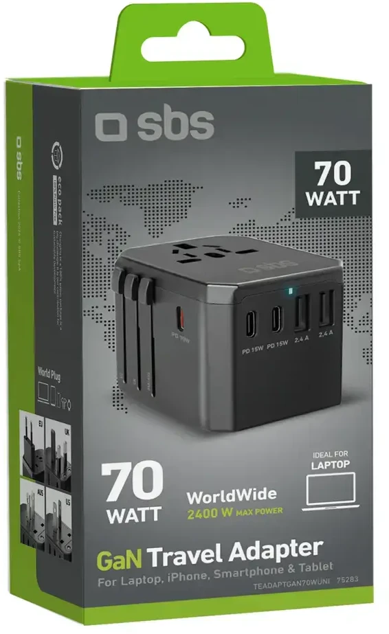 SBS Universal GaN Travel Adapteris 70W 3xUSB-C 2xUSB-A with Case - Juodas