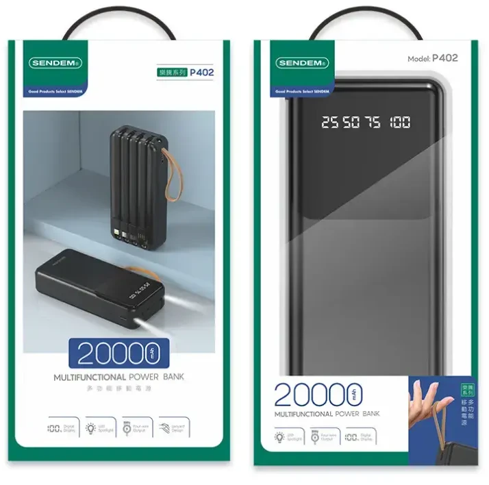 SENDEM P402 external battery (powerbank) | 20000 mAh | 12W | USB-C, Lightning, Micro USB, USB-A | juodas