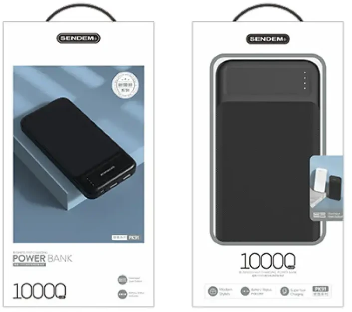 SENDEM PK91 išorinė baterija 10000 mAh | 2.4A | LED | Juoda