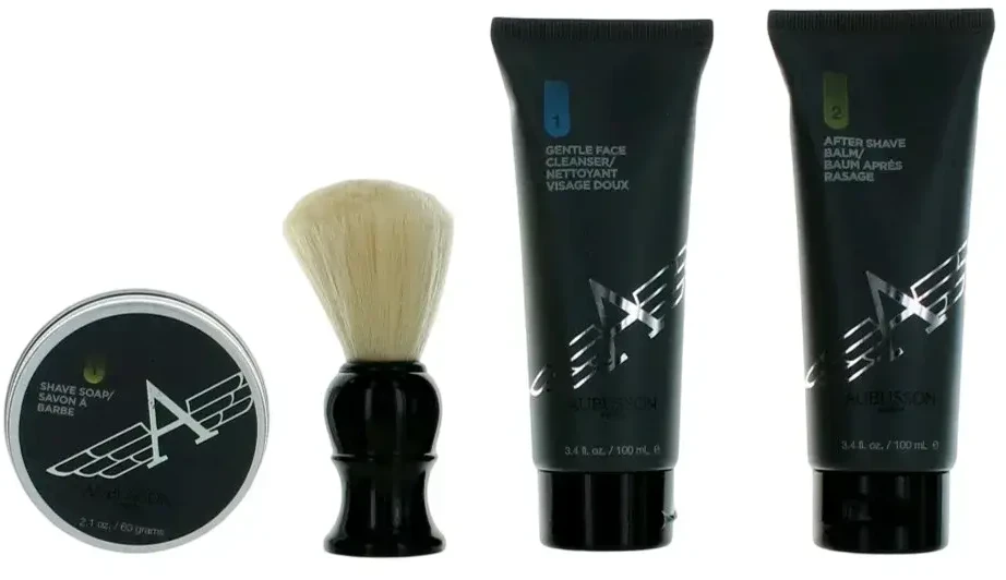 Rinkinys Aubusson: „Cruiser“ valomasis kremas, šalinantis nešvarumus, 100 ml + „Cruiser“ raminamasis balzamas po skutimosi, 100 ml + „Cruiser“ skutimosi muilas, 60 g + „Cruiser“ medinis skutimosi šepetėlis, juodas