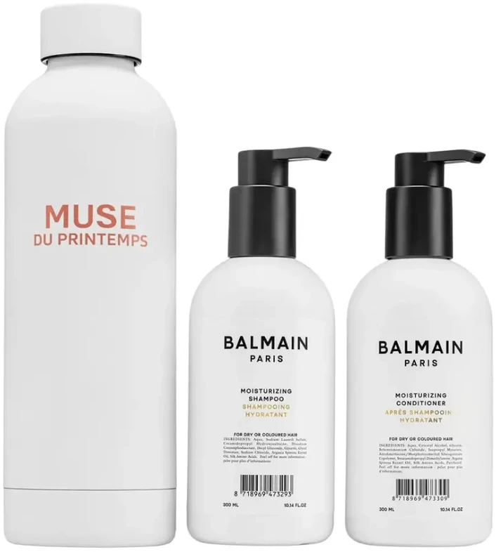 Set Balmain Professionnel: Balmain Professionnel Argan Oil Hair Šampūnas Moisturizing, 300 ml + Balmain Professionnel Hair Conditioner For Moisturizing, 300 ml + Muse Du Printemps GWP Steel Vanduo Bottle Baltas
