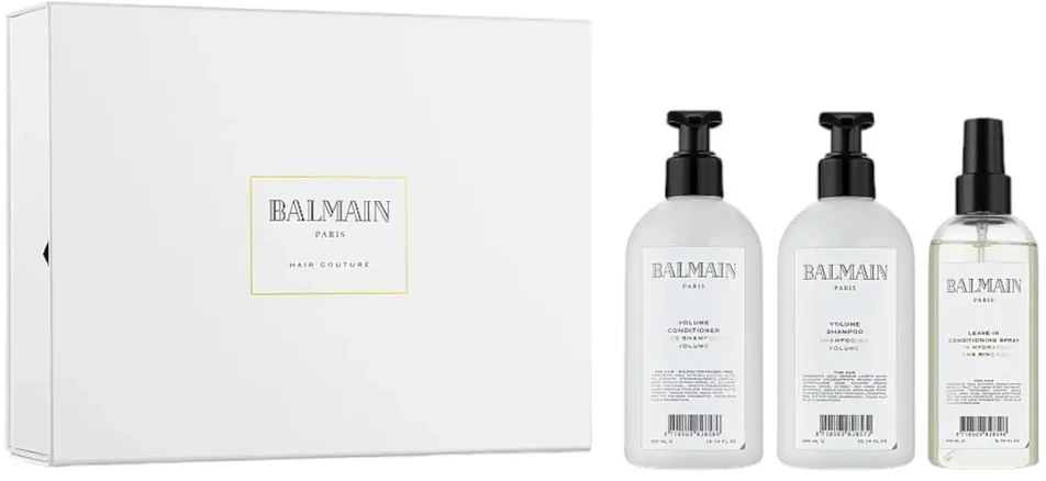 Rinkinys Balmain: Drėkinamasis volume plaukų šampūnas, 300 ml + Drėkinamasis volume plaukų kondicionierius, 300 ml + Volume plaukų lakas kondicionierius, 200 ml + Balmain galvos odai