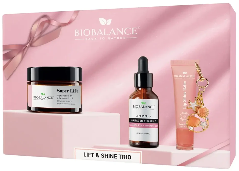 Set Bio Balance: Super Lift Lifting & Anti-Wrinkle Day & Night Kreminis For Face, 50 ml + Collagen-Vitamin C Firming & Brightening Day & Night Serum For Face, 30 ml + Coco Vanilla Hydrating & Volumizing Lūpų balzamas, 10 ml