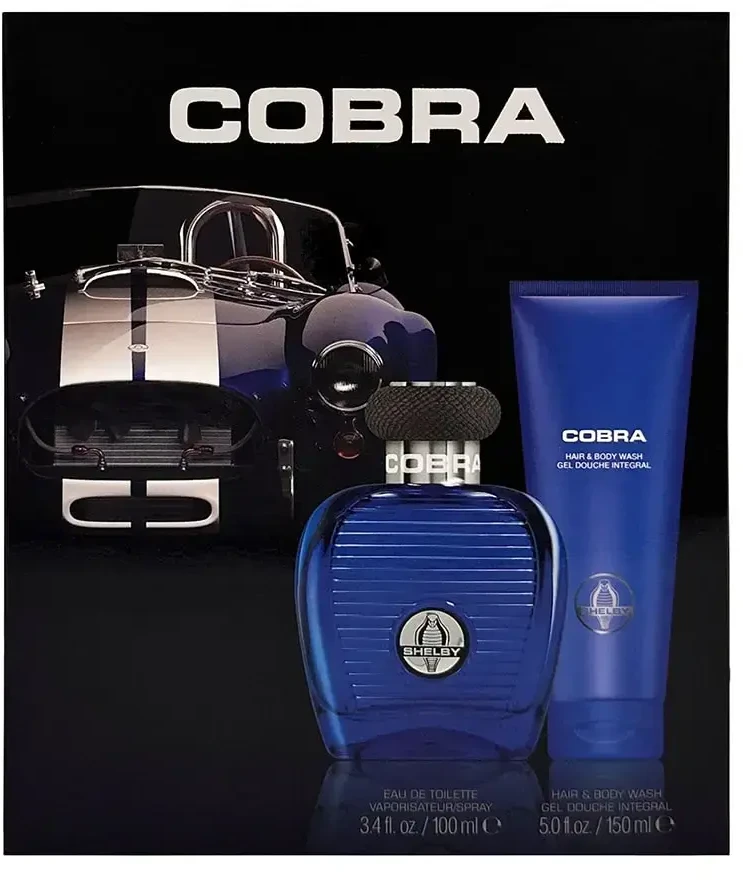 Set Carroll Shelby: Mėlyna Cobra Eau De Toilette For Men, 100 ml + Mėlyna Cobra Dušo želė & Šampūnas 2-In-1, 150 ml