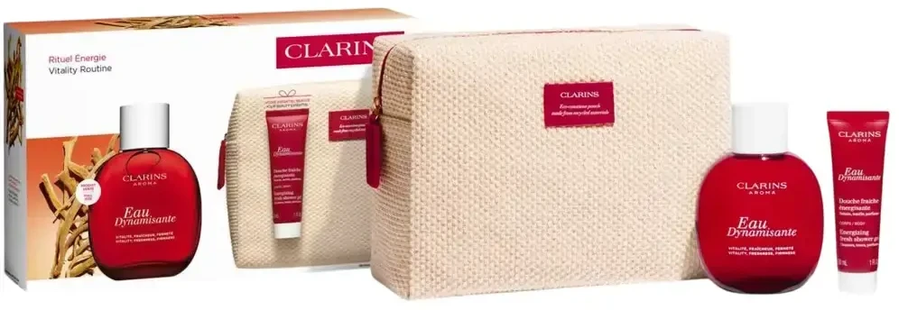 Set Clarins: Eau Dynamisante Eau De Toilette For Women, 100 ml + Eau Dynamisante Energizing Dušo želė For All Skin Types, 30 ml + Clarins GWP Textile Pouch Ivory