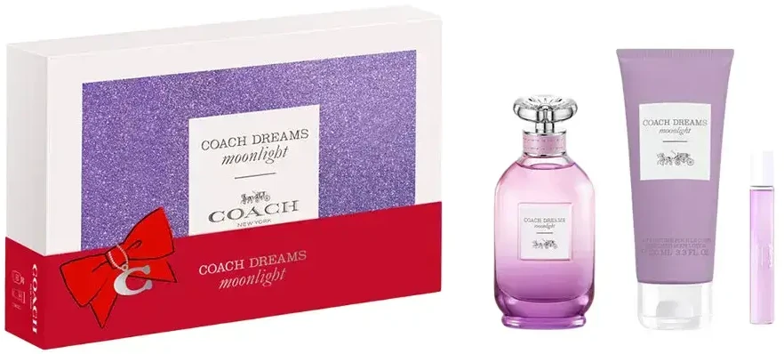 Rinkinys „Coach“: „Dreams Moonlight“ kvepalai moterims, 90 ml + „Dreams Moonlight“ tualetinis vanduo moterims, 15 ml + „Dreams Moonlight“ drėkinamasis kūno losjonas, 100 ml