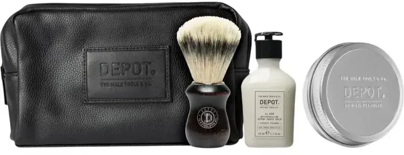 Depot Set Depot: 400 Shave Specifics No. 408, Classic Cologne, Moisturizing, After-Shave Balm, 50 ml + 400 Shave Specifics No. 412, Hydrating, Shaving Soap, 100 g + Accessories No. 731 Luxury, Artificial Fiber, Face Shaving , Brown + The Male Tools,