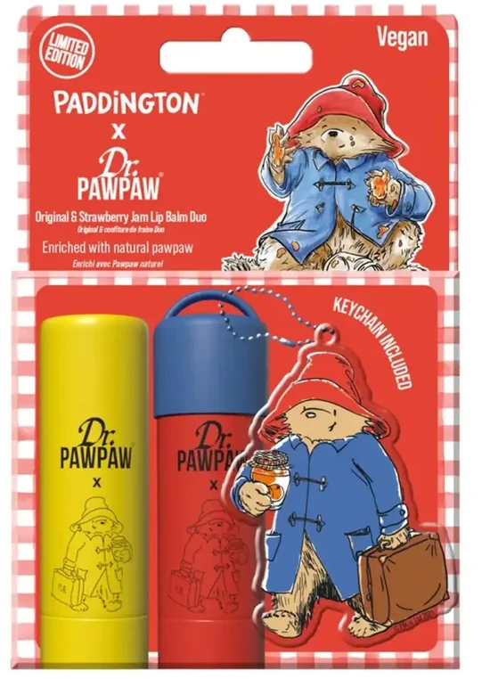 Set Dr. PawPaw: Paddington Bear Original Balm Vegan Lūpų balzamas, 4 g + Strawberry Jam Hydrating Lūpų balzamas, 4 g + Paddington Bear Metal Keyring