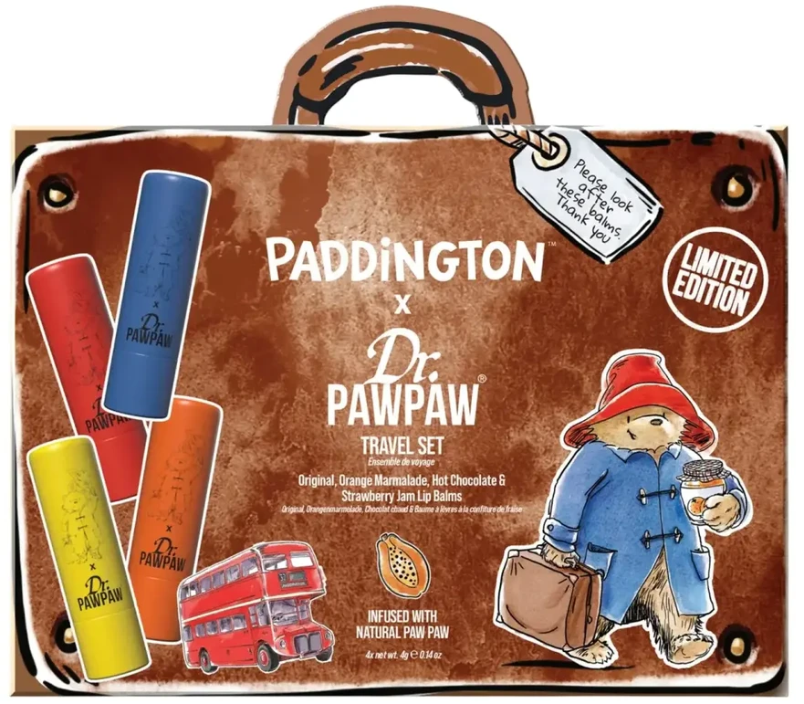 Set Dr. PawPaw: Paddington Oranžinis Marmalade Hydrating Lūpų balzamas, 4 g + Paddington Bear Original Balm Vegan Lūpų balzamas, 4 g + Strawberry Jam Hydrating Lūpų balzamas, 4 g